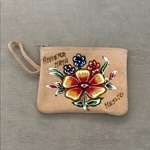 Hand-Painted Tan Suede Floral Coin Pouch